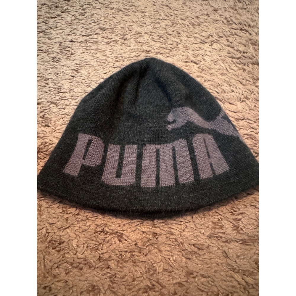 Puma Youth Black Gray Knit Beanie Winter Hat One Size Logo Size Tag Missing